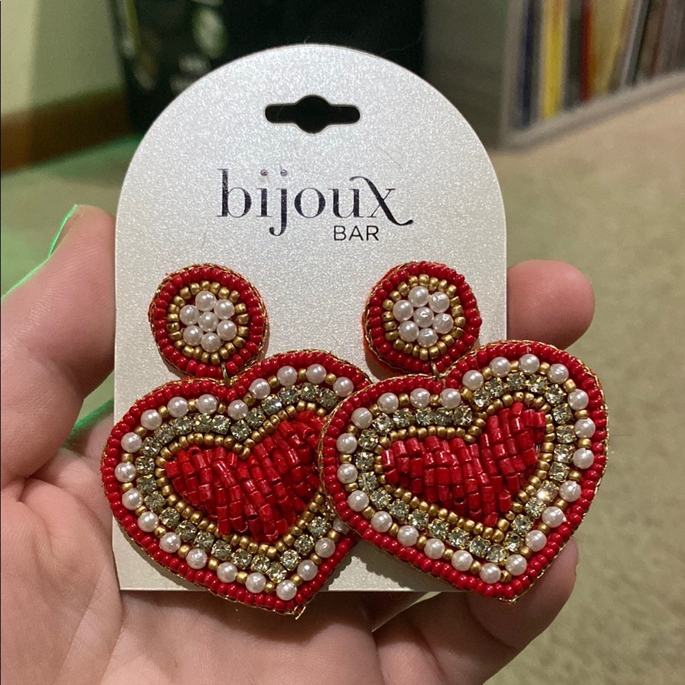 Bisjoux Red and Gold Heart Earrings with Crystal Accents